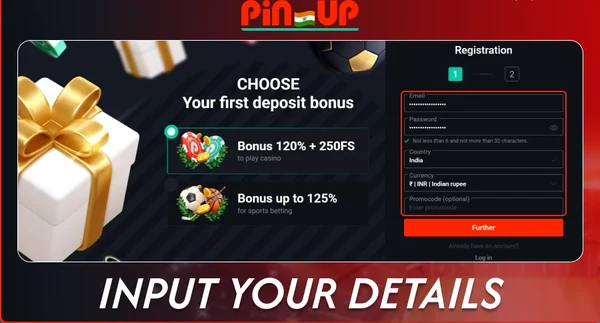 Pin Up form asking to choose a first deposit bonus